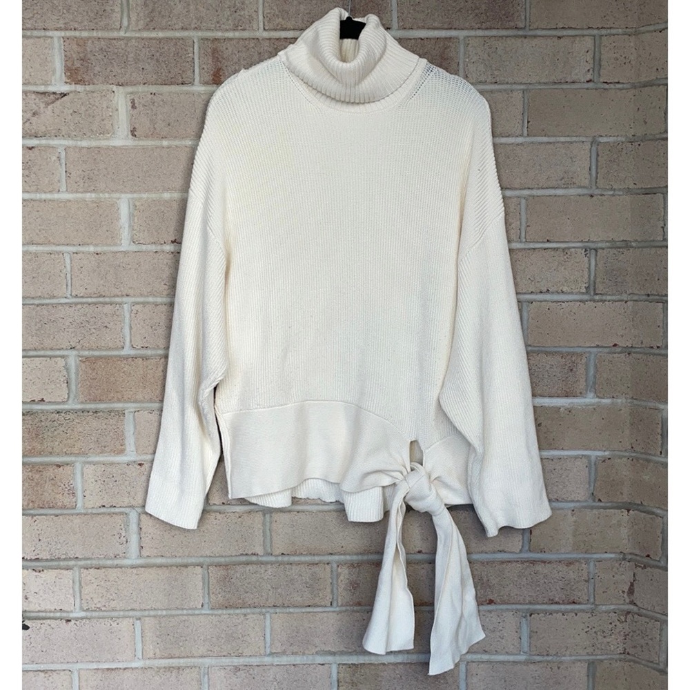 Zara Ivory Knit Turtleneck Tie-Front Sweater